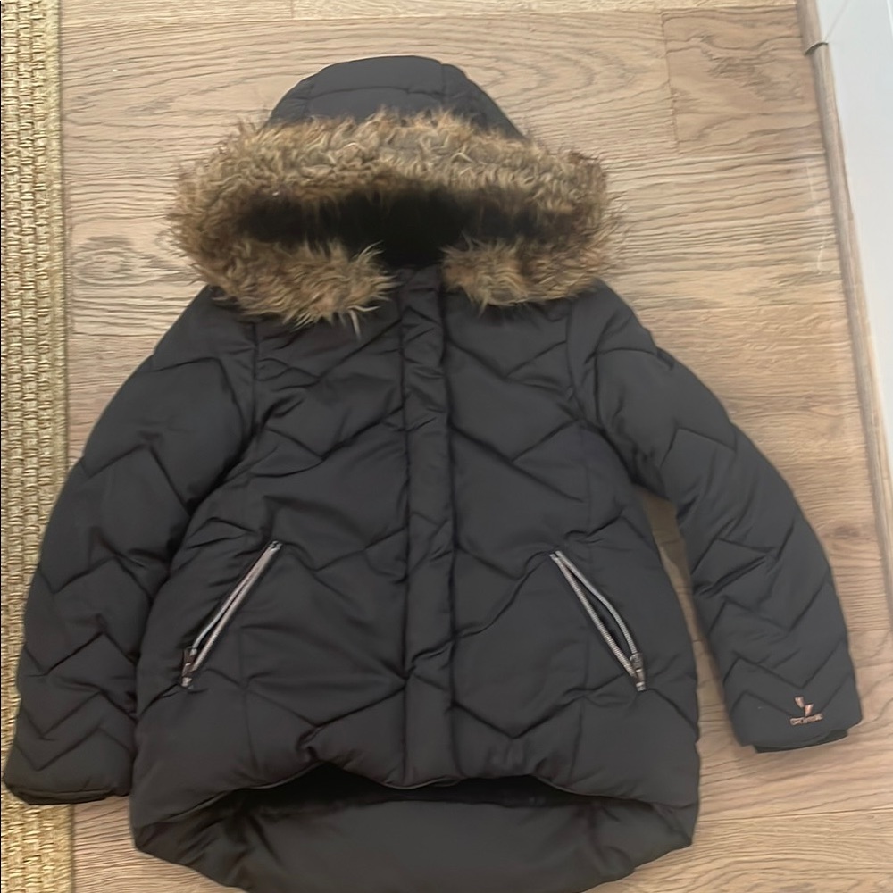 Black Quilted Kids Jacket with Faux Fur Hood